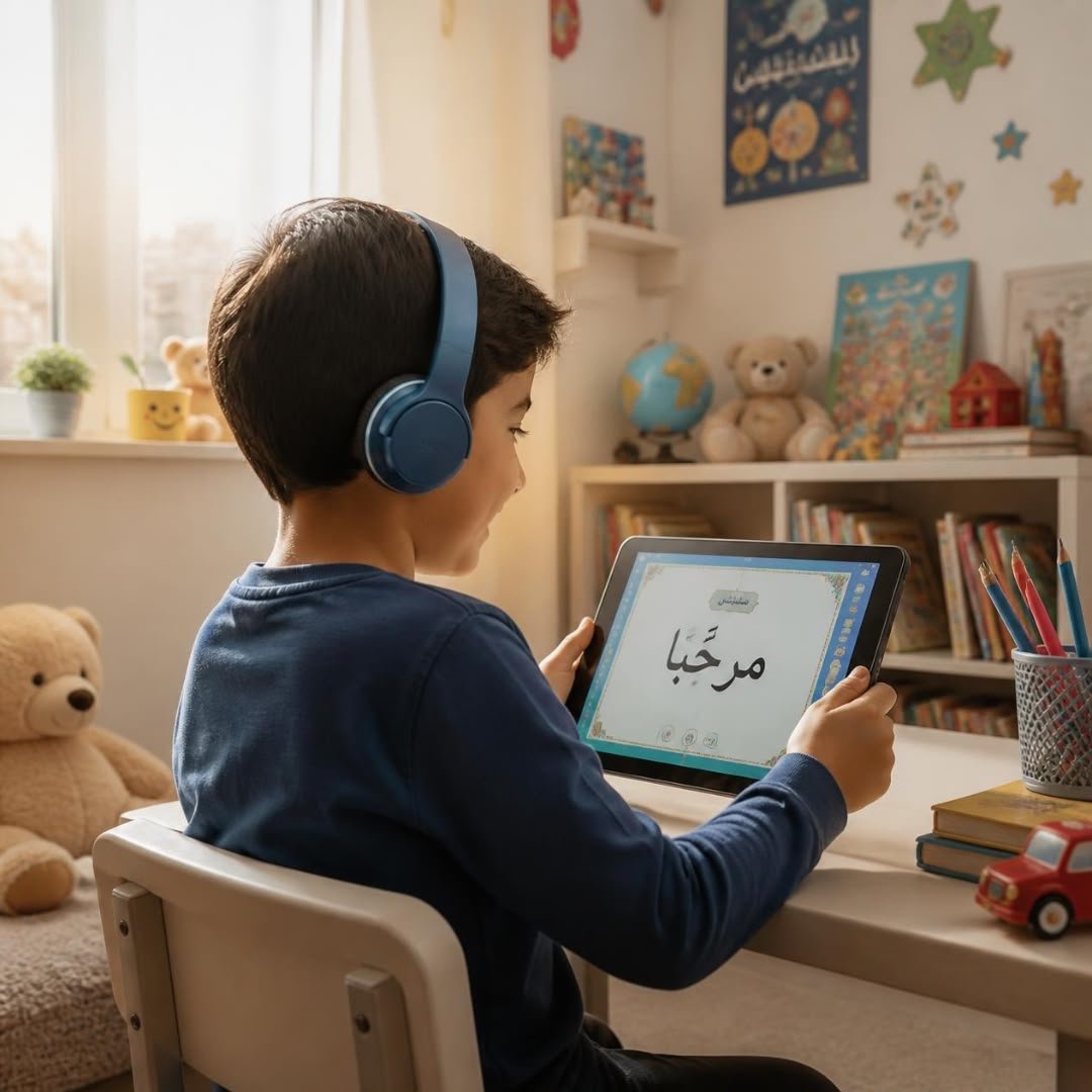 Child wearing headphones learning Arabic on a tablet