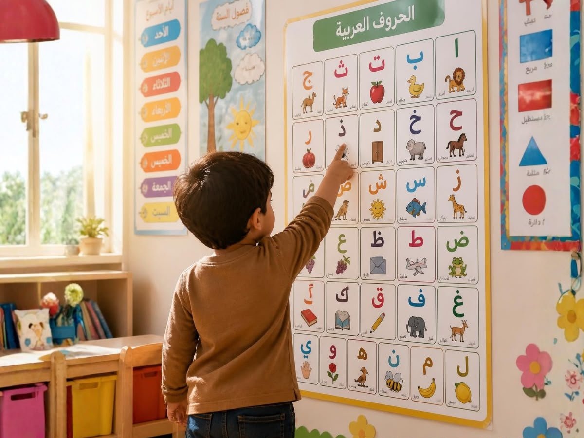 Young child pointing at an Arabic alphabet chart