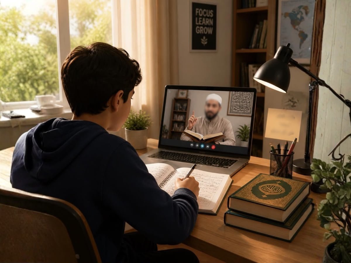 Older child studying with a notebook while a teacher appears on screen